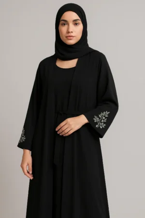Floral Cuff 3-Piece Abaya Set – Black & White Contrast