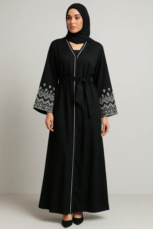Geometric Embroidered 2-Piece Abaya Set – Deep Forest Green