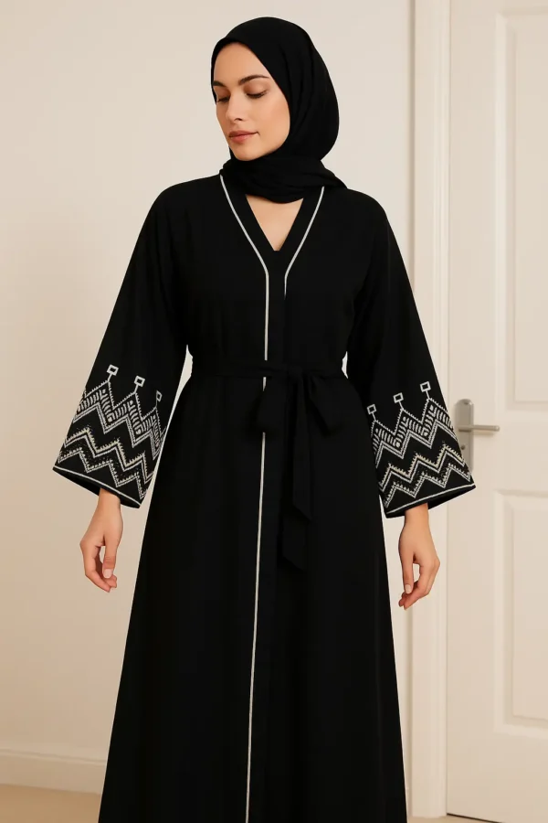 Geometric Embroidered 2-Piece Abaya Set – Deep Forest Green - Image 3