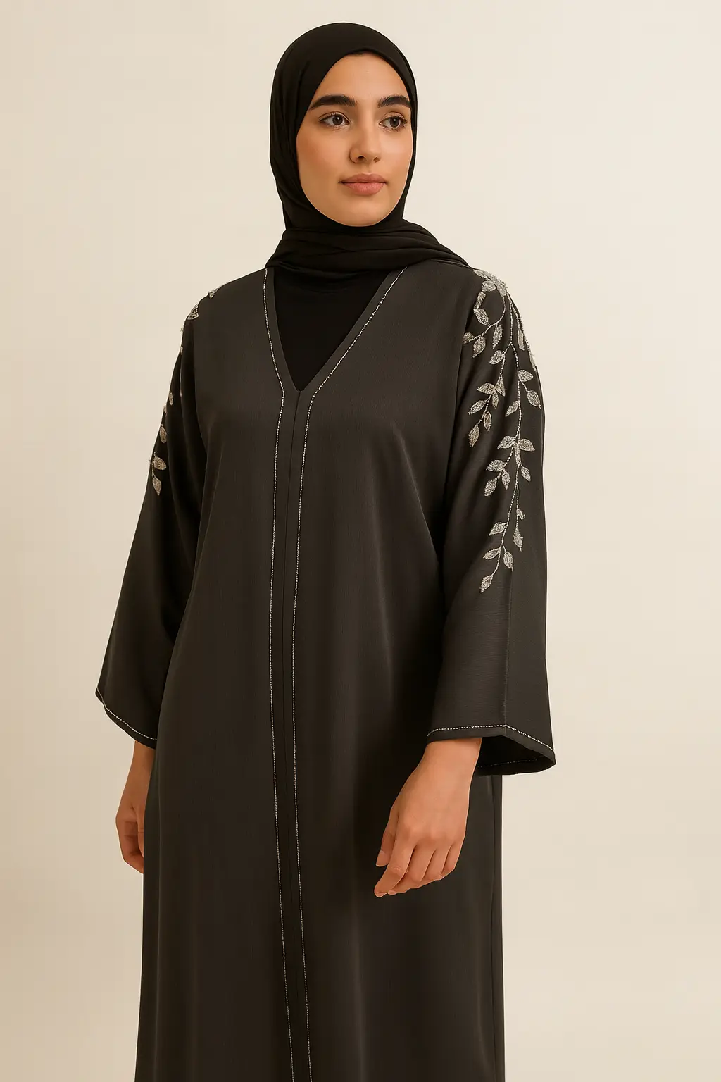 Embroidered Leaf Sleeve Abaya with belt– Charcoal Black