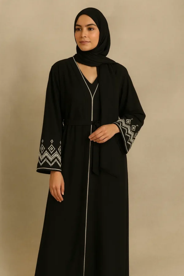 Geometric Embroidered 2-Piece Abaya Set – Deep Forest Green - Image 2